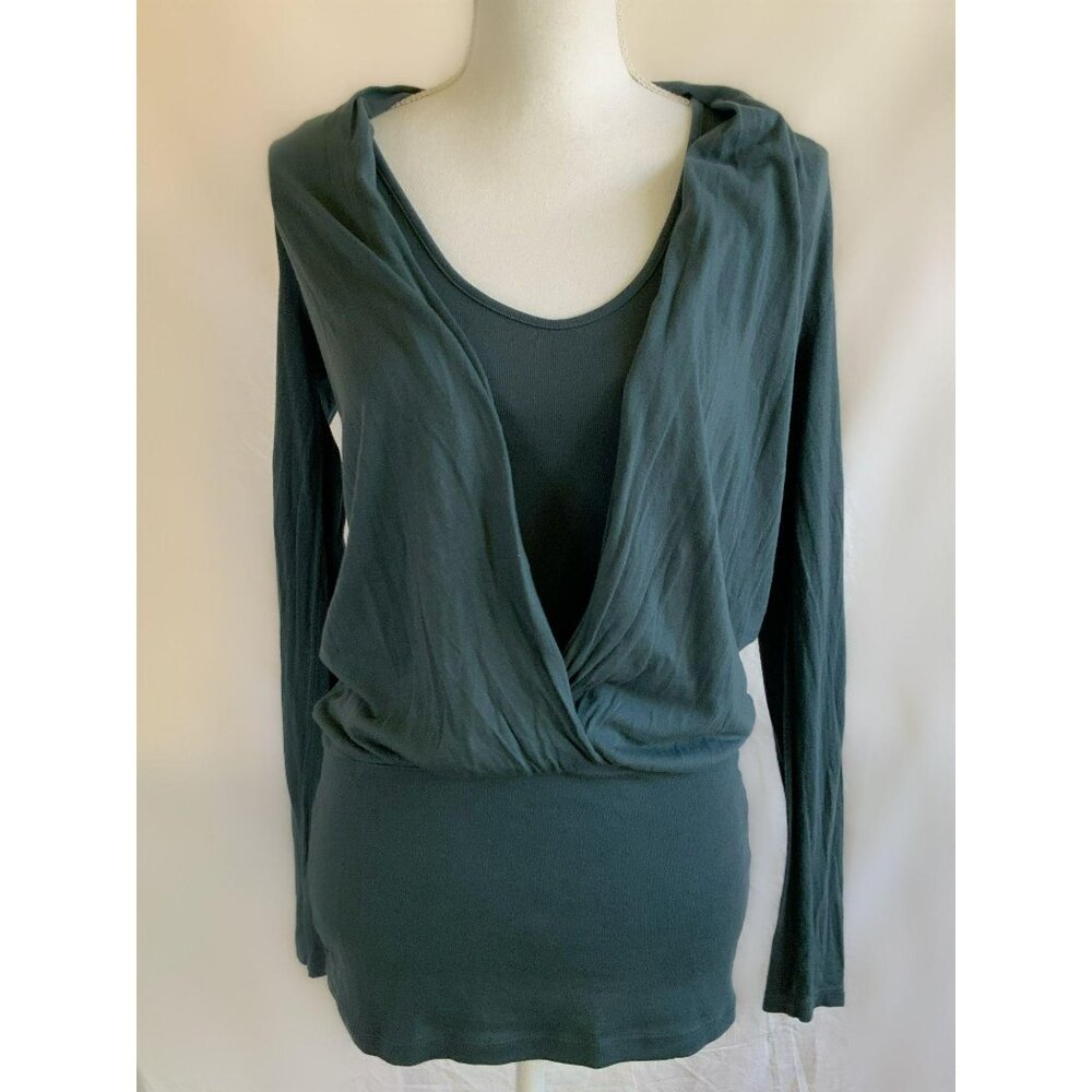 Three Dots Women Active Top Long Sleeve Cross Front Over Tank Teal Green Blue XS
